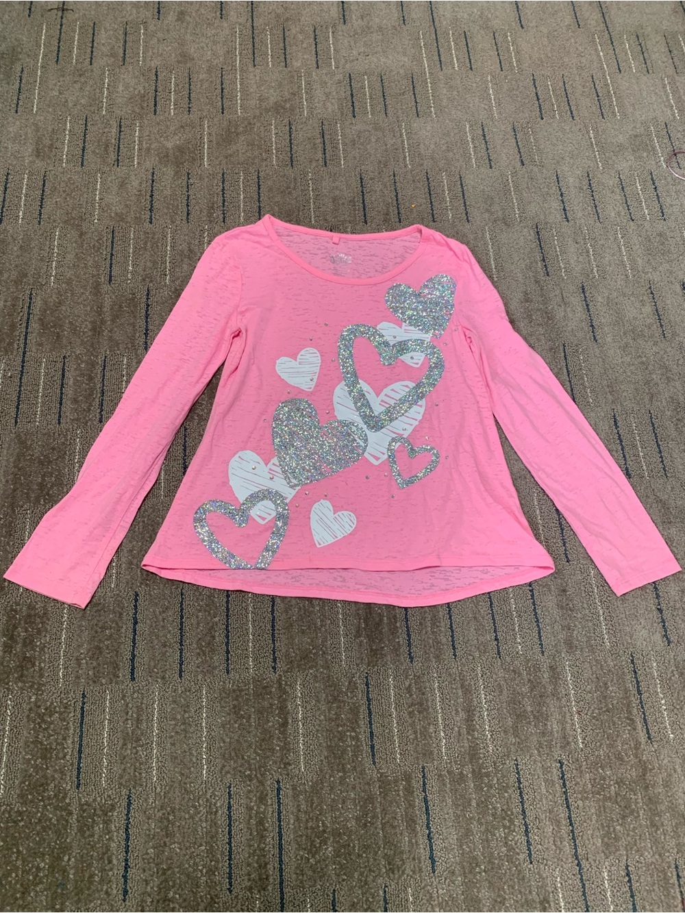 Justice Girls Pink Long Sleeve Heart Graphic Tee Shirt Silver Glitter Size 10